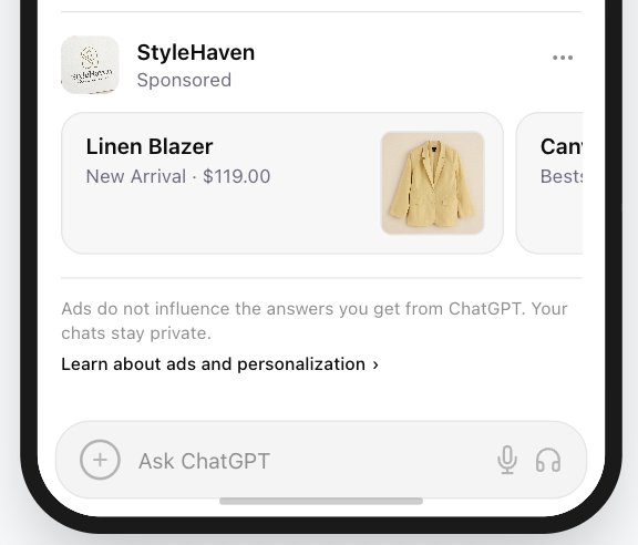 Light ad image that disappears against a beige conversational interface background